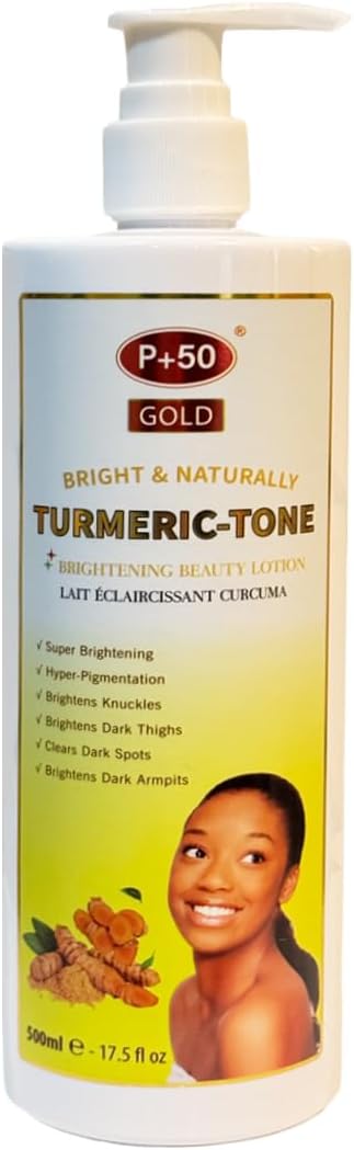 P+50 Gold Turmeric Tone Skin Brightening Lotion 500ml – With Niacinamide, Ginger &amp; Biotin – Hydrating Glow Moisturiser for Even Skin Tone – For Face &amp; Body