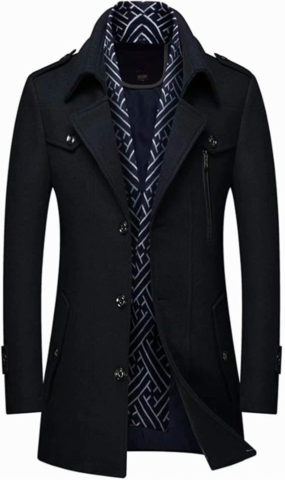 INVACHI Men's Wool Blend Coat Warm Winter Trench Coat with Detachable Soft Scarf Single Breasted Pea Coat