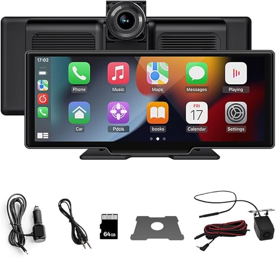 Araba DVR Ekran, 10.26 inç IPS Ekran, Kablosuz CarPlay ve Android Auto, 170 ° Ön Kamera