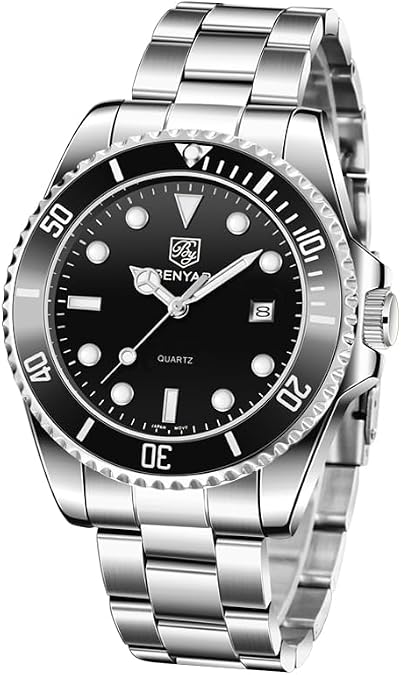 BENYAR Men's Quartz Watch, Date Display, Luminous Feature, Rotating Bezel, Waterproof, Stainless Steel Band, Classic Business Men's Wristwatch, Analog Design, Unique Gift for Men