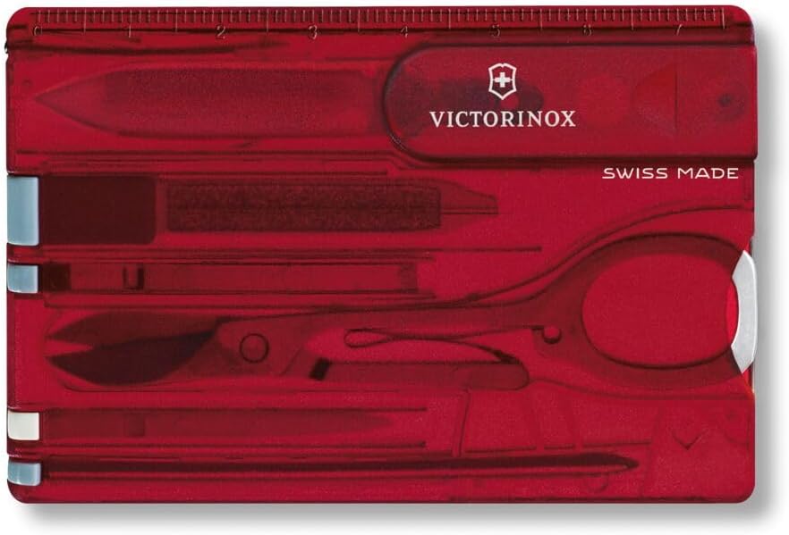 Victorinox Swiss Card سكين الجيش السويسري الكلاسيكي، 10 وظائف، سكين جيب سويسري الصنع مع مقص وقلم حبر جاف مضغوط - روبي