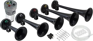 Vixen Horns Loud 5 / Five Trumpet La Cucaracha موسيقى / موسيقى صوت بوق هوائي مع ضاغط كامل النظام / مجموعة سوداء 12V VXH6803B