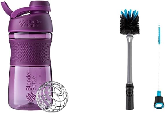 BlenderBottle SportMixer Shaker Bottle Perfect for Protein Shakes and Pre Workout, 20-Ounce, Plum & 2-in-1 Shaker Bottle and Straw Cleaning Brush, 1 Pack,Gray