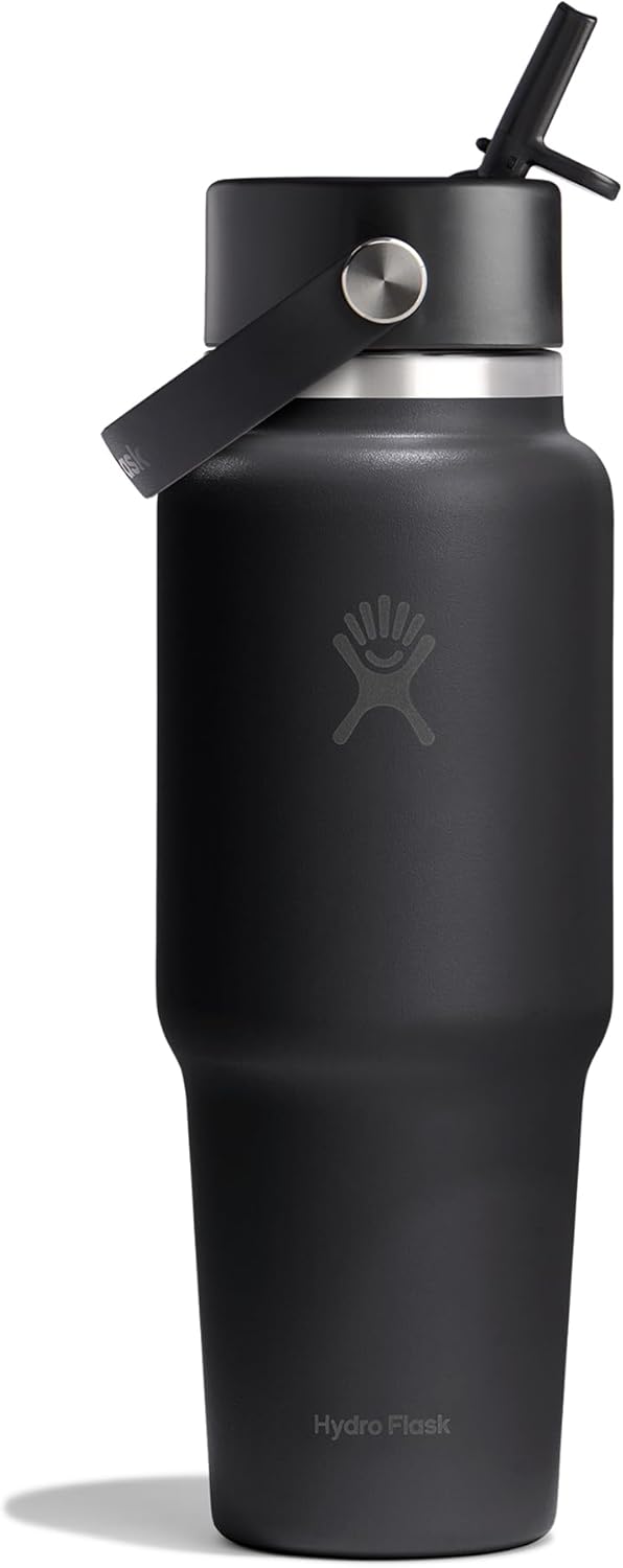Hydro Flask – Wide Flex Straw Travel Bottle 946 ml (32 oz) – Stainless Steel, Leakproof, Fits Most Cupholders – Insulated Cold 24 Hrs – Wide Mouth, Ice Cube Friendly – Black