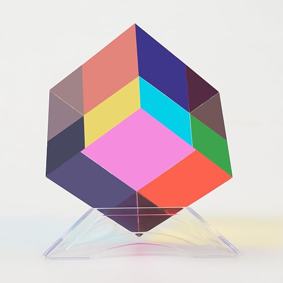 CMY Color Cube with Stand - Cyan, Magenta & Yellow Subtractive Color Mixing 60mm (2.36 inch) Acrylic Optical Prism for Home or Office Decoration