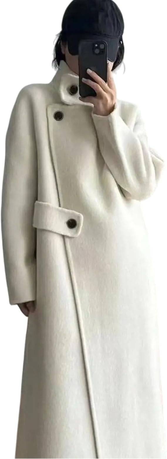 Women Wool Coat Lace-up Loose Chic Winter Long Woolen Coats