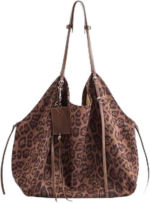 NCDUANSAN Retro women leopard print handbag, large capacity multifunctional commuting shoulder bag high-end versatile fashion