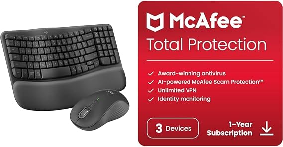 مجموعة مفاتيح Logitech Wave Keys MK670، لوحة مفاتيح لاسلكية مريحة مع ماوس لاسلكي M550 L مميز McAfee Total Protection 2024 | 3 أجهزة | برنامج الأمن السيبراني