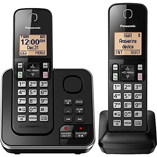 Panasonic 2 Handset Expandable Cordless Phone System with Answering Machine, Amber Backlit Display and Call Block - KX-TGC362B Black