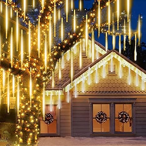 360LED Meteor Shower Solar Lights Garden,Waterproof 30cm 10Tubes Falling Raindrop Cascading Icicle Decorative String Lights for Holiday Party Wedding Christmas Tree Decoration(Warm White)