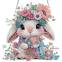 MXJSUA Diamond Art Hanging Kits for Adults Beginners, DIY Acrylic 5D Special Shaped Crystal Diamond Gem Art Painting Hanging Ornament for Home Wall Decor and Gift (Easter Bunny Flowers)