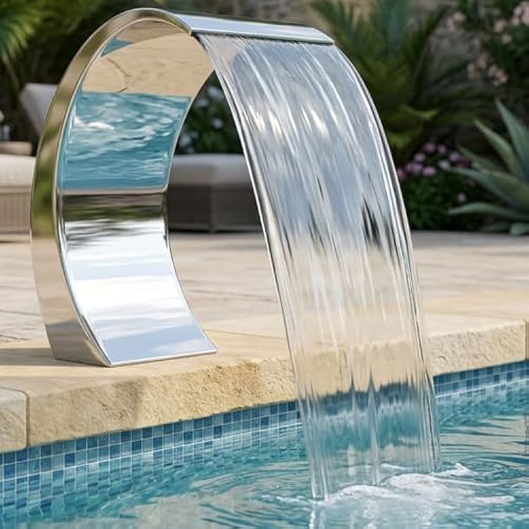 Pool Waterfall Fountain Cascada para Piscina Stainless Steel - Curved Water Feature for Inground Pools Above Ground Pools Outdoor Ponds Backyard Spa 23.6 H11.8 W