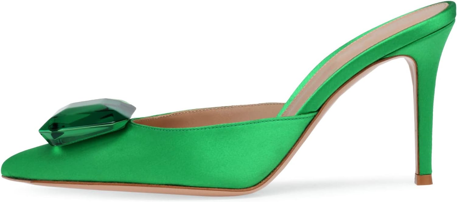 BlingQueen Women's Heeled Mules Pointed Toe Emerald Gemstone Stiletto Slip On Evening Dress Party Wedding Sandals Shoes
