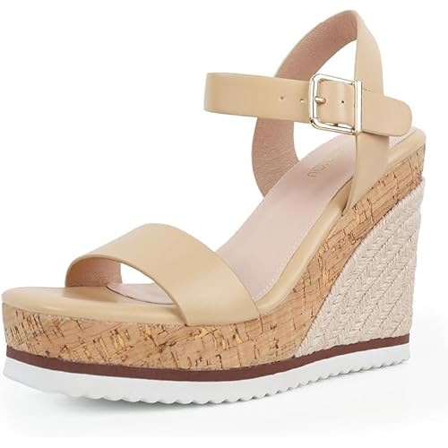 Wedge Sandals for Women Espadrilles, Womens Wedges Sandals Square Toe Adjustable Ankle Strap Buckle Comfortable High Heel Beach Shoes with Cushioned Footbed for Casual Summer