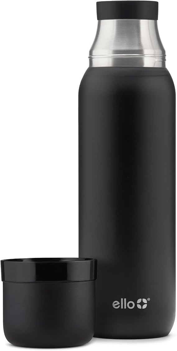Ello Therma 32 oz معزول الفولاذ المقاوم للصدأ الترمس للمشروبات الساخنة والباردة مع غطاء مانع للتسرب & كوب مدمج، عزل ثلاثي الجدار، حار 24 ساعة، مثالي للقهوة، الشاي، غسالة صحون آمنة، أسود