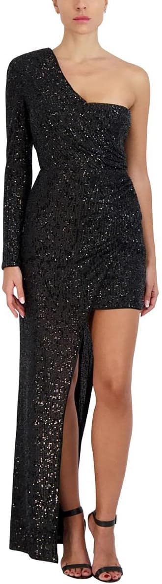 BCBGMAXAZRIA المرأة المناسب الطابق طول ثوب المساء واحد طويل الأكمام الرقبة غير المتماثلة عالية منخفضة هيم اللباس