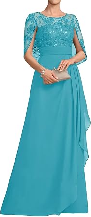 Chiffon Mother of The Bride Dress Long A-Line with Lace Cape Sleeve Mother of The Groom Dresses for Wedding