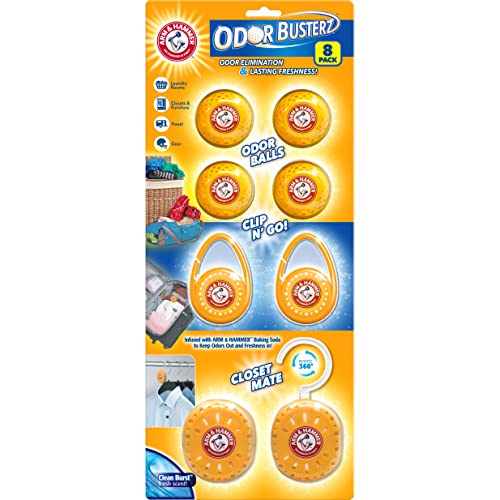 مجموعة كرات مزيل الروائح الكريهة من Arm and Hammer Odor Busterz: 4 كرات لإزالة الروائح الكريهة، 2 بمشابك سهلة الاستخدام، 2 مع شماعات، 8 كرات إجمالية للخزائن والحمامات ومعدات العمل والرياضة وسلة الغسيل 8 كرات