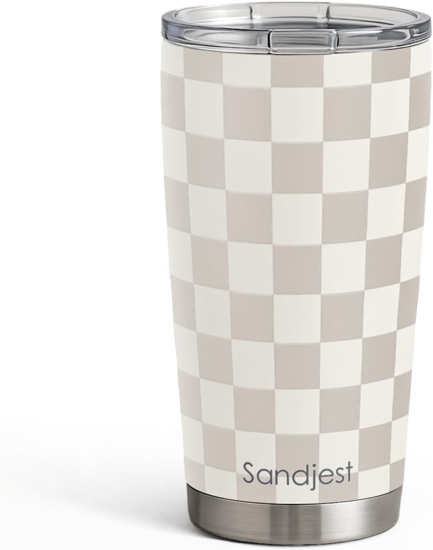Checkered Tumbler 20oz Stainless Steel Insulated, Checker Travel Coffee Cup, Bow Gifts for Women Girls Teen, Birthday Christmas Beige