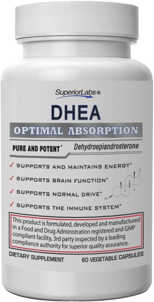 جرعة Superior Labs Extra Strength Natural DHEA Non-GMO 100 مجم، 60 كبسولة نباتية تعزز الشيخوخة الصحية لدى الرجال والنساء وتساعد على استعادة مستويات الطاقة الشبابية