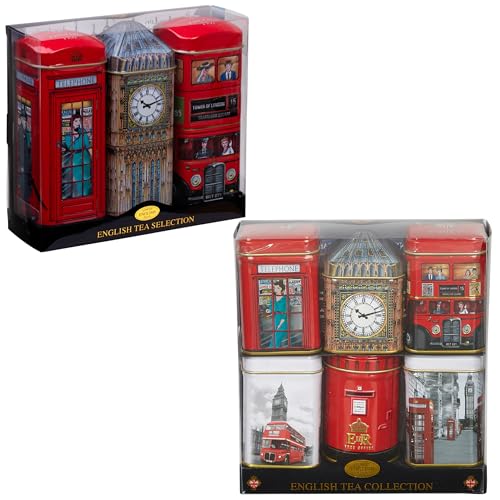 New English Teas British Souvenir London Sights Tea Tin Bundle with 42 Breakfast Teabags & 140g Loose Black Tea