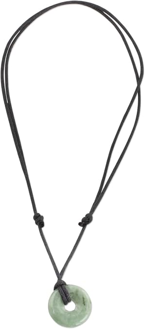 NOVICA Artisan Handmade Jade Pendant Necklace Light Green Circular from Guatemala Cotton [13.5 in min L x 27 in max L 2 mm W Pendant(s) 0.8 in L x 0.8 in W x 0.2 in D] Mayan Circle of Love