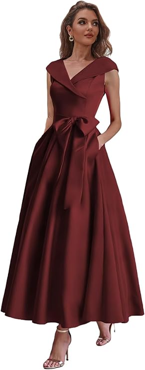 Tea Length Mother of The Bride Dresses for Women Satin Formal Dress with Pockets Cap Sleeve Evening Gowns