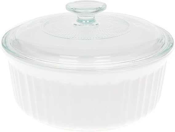 طبق خزفي فرنسي أبيض مستدير سعة 1.5 لتر/1.4 لتر من CorningWare FS5 وغطاء زجاجي مزخرف فرنسي أبيض سعة 1.5 لتر من G-5C