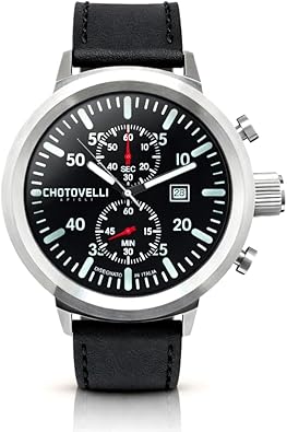 chotovelli Big Pilot Chronograph Men's Watch, 50mm Stainless Steel Case, Black Dial with Luminous Numerals, Leather Strap, Sapphire Glass, 747.11