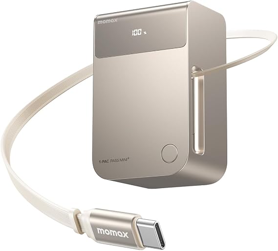 MOMAX Mini Portable Charger, 10000mAh Power Bank with 2.1 ft Retractable USB-C Cable, 45W Fast Charging, LED Display, Travel Battery Pack for iPhone 17/16, iPad, Galaxy and Pixel