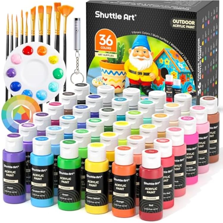 Shuttle Art Outdoor Acrylic Paint Set, 36 Colors 2oz60ml Waterproof Acrylic Paint with 10 Brushes 1 Palette, Rich Pigmented Paints for Artists, Beginners on Rocks, Wood Crafts, Garden Statues