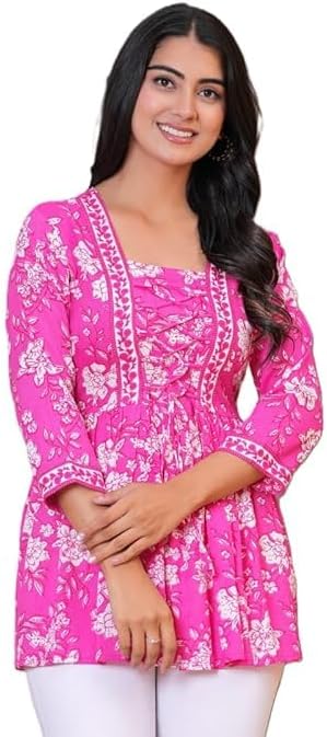 Indian Women's Rayon Floral Printed Round-Neck Short Kurti Kurta Shirt Top for Women