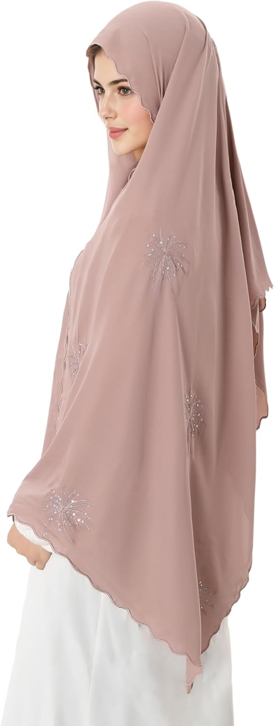 khalat Prayer Hijab for Women Muslim Wavy Edge Floral Embroidery with Sequins Scarfs Smooth Multiple Colors Hijab
