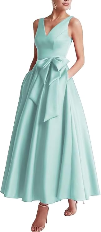 Satin Tea Length Mother of Bride Dresses for Women V-Neck A-Line Wedding Guest Dress Formal Evening Party Gown with Bow