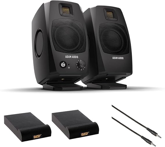 مجموعة نظام مراقبة سطح المكتب النشط Adam Audio D3VBlack مع 2x Auray IP-S Isolation Pad لشاشة الاستوديو وكابل ستيريو ميني ذكر إلى ستيريو ميني ذكر شامل -6
