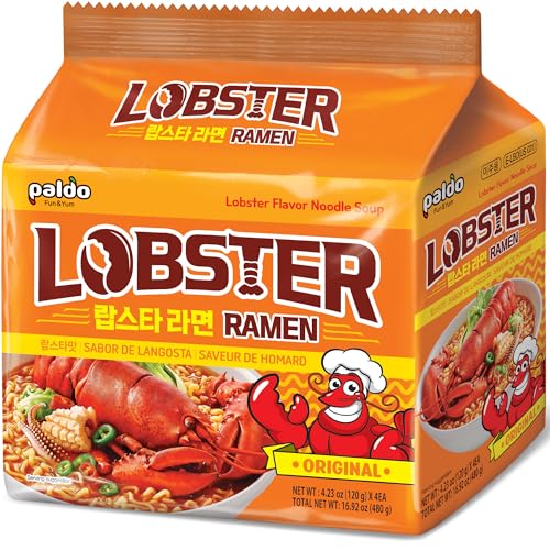 Paldo Fun & Yum Lobster Flavored Noodle Soup Original Pack of 4، مرق المأكولات البحرية، النمط الشرقي الكوري راميون، K-Food 120 جرام × 4