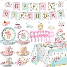SiliFine 106 Pcs Tea Party Supplies for 12 Guests Include Plates Tea Cups Saucers Napkins Cupcake Stand Tablecloth Banners Floral Tea Party Tableware Set for Girls Birthday Baby Shower Party Favors