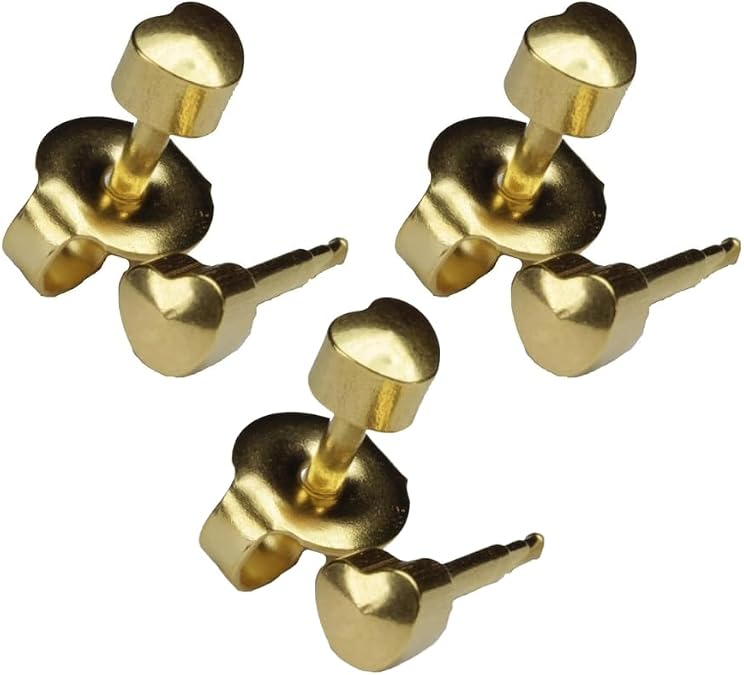 Ear Piercing Earrings 3 Pairs of 4mm Gold Plated Heart Shapes | 16ga Studex Studs | Hypoallergenic