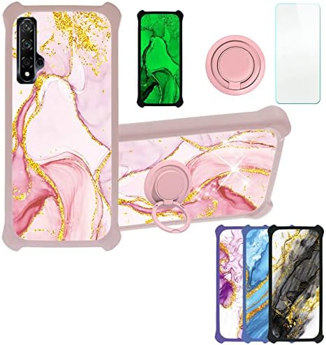Case for Huawei NOVA 5T Case Compatible with Huawei NOVA 5T Phone Case Cover [with Tempered Glass Screen Protector][PC  TPU 2 in 1][Ring Support] [Gold GlitterLuminous] JSF-FDL
