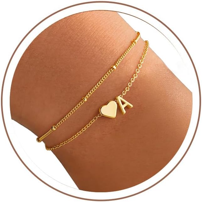M MOOHAM Initial Bracelet - Dainty 14K Gold Plated Heart Initial Letter A-Z Bracelets for Women Teen Girls Gifts, Layered Link Charm Bracelet Jewelry Birthday Gifts for Women Girls Back to School Gift