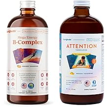 LIQUIDHEALTH Mega Energy B-Complex & Attention Teens & Kids Liquid Vitamin Bundle for Children - تحسين التركيز والانتباه، وتعزيز الحالة المزاجية، وزيادة مستويات الطاقة الطبيعية - نباتي، غير معدّل وراثيًا، صنع في الولايات المتحدة الأمريكية