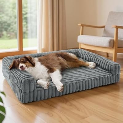 أسرّة Bedsure ComfyFleeceTM لتقويم العظام للكلاب كبيرة الحجم، أريكة للحيوانات الأليفة مقاومة للماء من الإسفنج الذكي مع جوانب، قاع غير قابل للانزلاق وسرير كبير للحيوانات الأليفة من إسفنج صندوق البيض مع غطاء مخملي قابل للغسل، رمادي