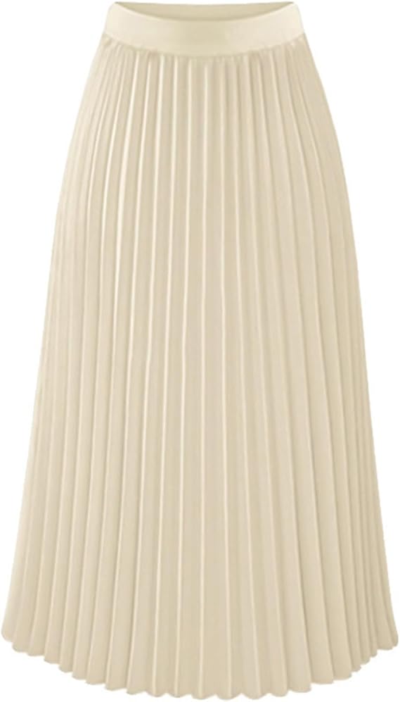 Womens High Elastic Waist Pleated Chiffon Skirt Midi Swing A-line Skirt Dressy Plain Solid Color Elegant Long Skirts