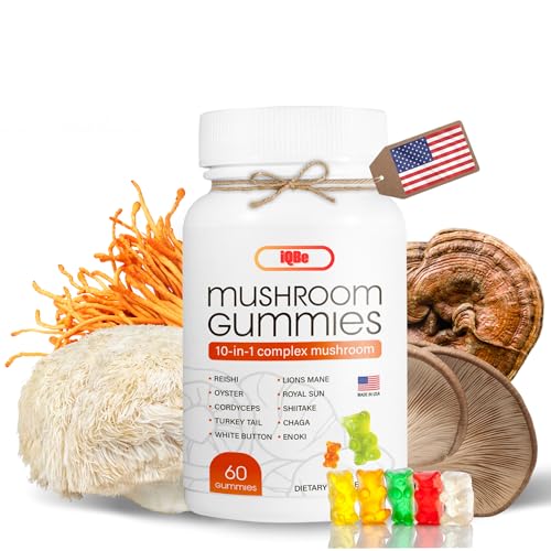 علكة الفطر 10 في 1 مع Lions Mane وChaga وReishi وCordyceps والمزيد 6 نكهات فاكهية نباتية، غير معدلة وراثيًا، تعتمد على البكتين، مصنوعة في الولايات المتحدة الأمريكية إجمالي 60 علكة