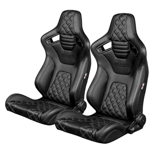 مجموعة مقاعد سباق BRAUM Elite-X Series Diamond Edition مصنوعة من الجلد الأسود مع خياطة رمادية مع مجموعة دعم من ألياف الكربون مكونة من قطعتين BRR1X-BDDGS
