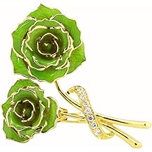 AliveRose Rose Brooches for Women, Gold Plated Natural Preserved Rose Flower Brooch Pin with Crystal Rhinestones, Green