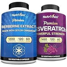 مجموعة Nutrivein Premium Berberine 1200mg & Resveratrol - مع القرفة السيلانية ومضادات الأكسدة مع التوت الآساي - إدارة الوزن والمناعة بالإضافة إلى دعم المفاصل - غير معدلة وراثيًا، نباتي/نباتي صارم - 120 كبسولة