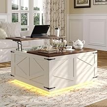 Farmhouse Lift Top Coffee Table, Square Wood Center Table with LED Lighting, USB-C Charging Station, and Hidden Storage Compartment - Rustic White & Oak Living Room Furniture