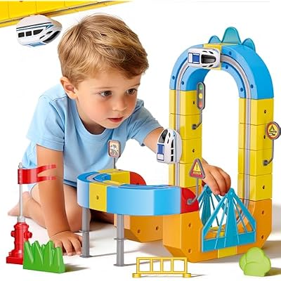 Rail Electric Train Set with Traffic Signs for Kids 3 4 5 6 7 8 Years Old, 60 PCS 3D Magic Flexible Race Car Track, Building Block Toys with Anti-Gravity, Educational STEM Toy Boys Girls Birthday
