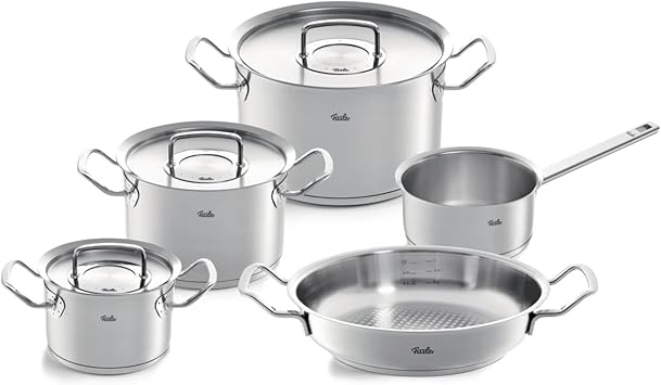 مجموعة أواني الطبخ المصنوعة من الفولاذ المقاوم للصدأ مكونة من 5 قطع من مجموعة Fissler Original-Profi مع غطاء معدني 3 صلصات بما في ذلك الأغطية، وعاء تقديم واحد، وعاء صلصة واحد - تحريض، فضي، 084-388-05-001/0